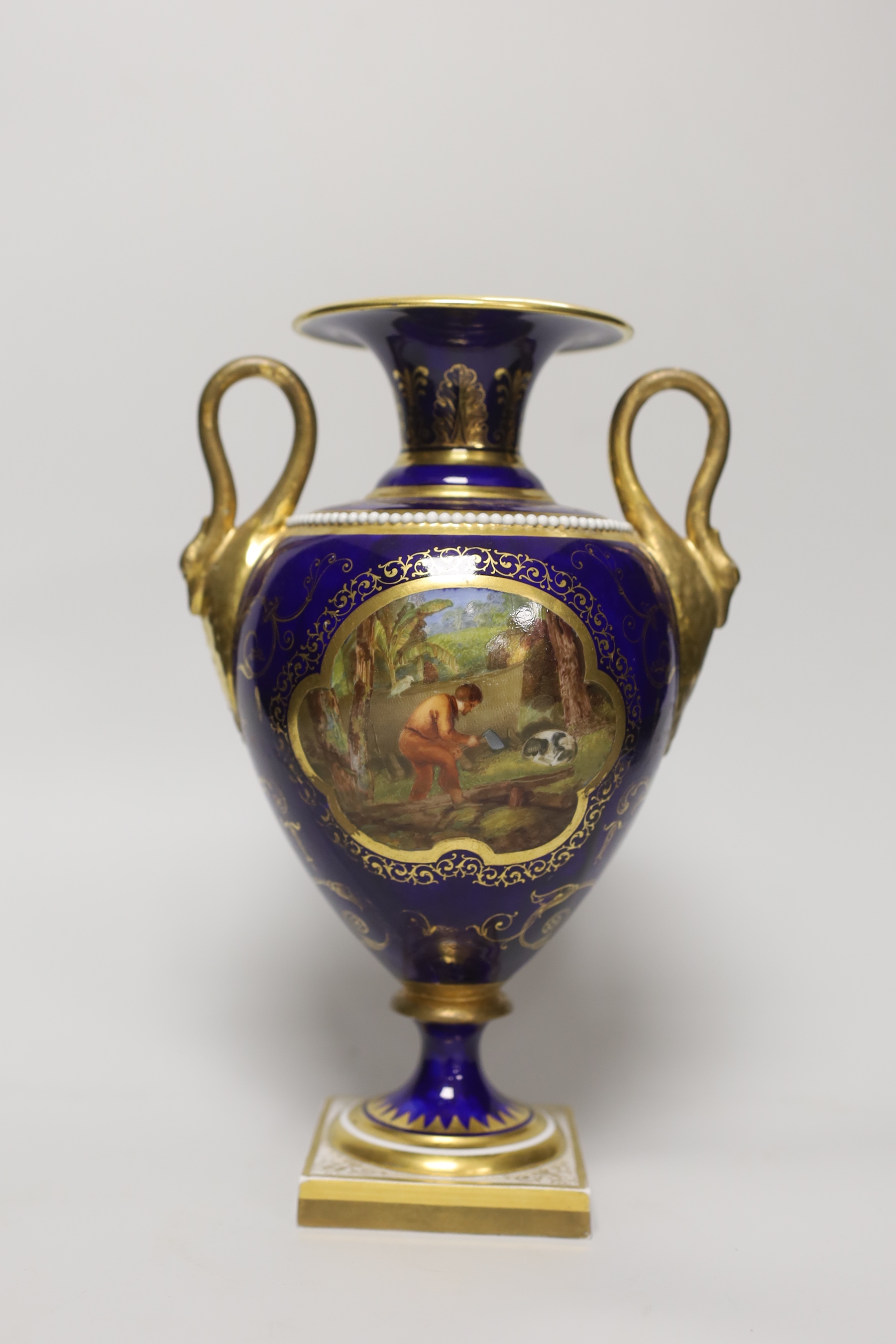 A Flight Barr and Barr Worcester vase with scenes from Robinson Crusoe, titled on the base, script and impressed marks, 27cm high